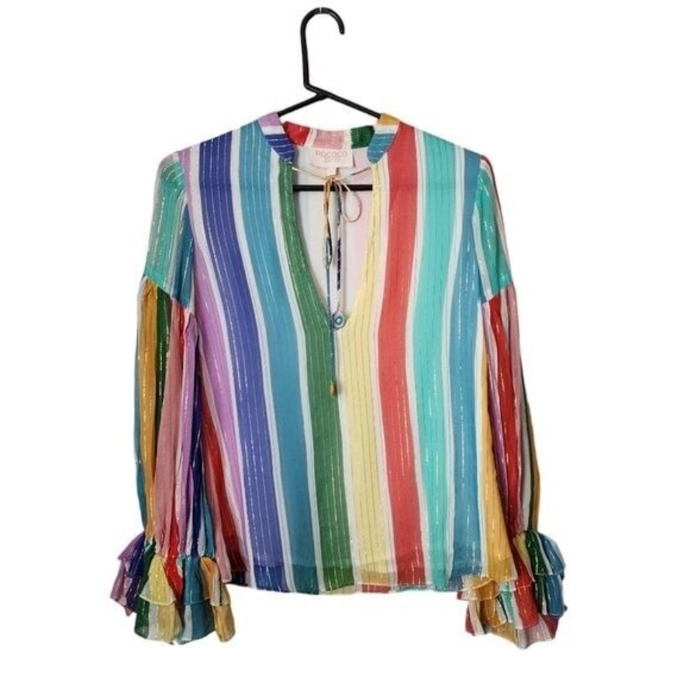 ROCOCO SAND Mirage rainbow stripe blouse boho ruffle sleeve resort‎ XS - Picture 2 of 10